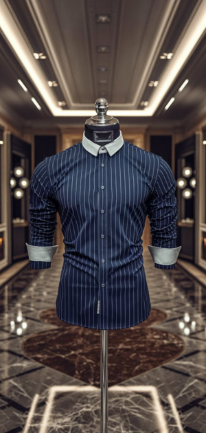 Dark striped shirt with contrasting white collar on a mannequin