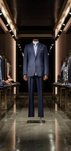 Mannequin wearing a navy pinstripe suit in a showroom