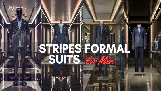 Collage of striped formal suits for men displayed in modern setups