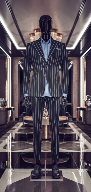 Black mannequin showcasing a sharp pinstripe suit in a modern setting