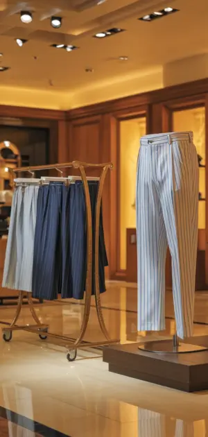 Striped trousers in different colors on display in a clothing store.