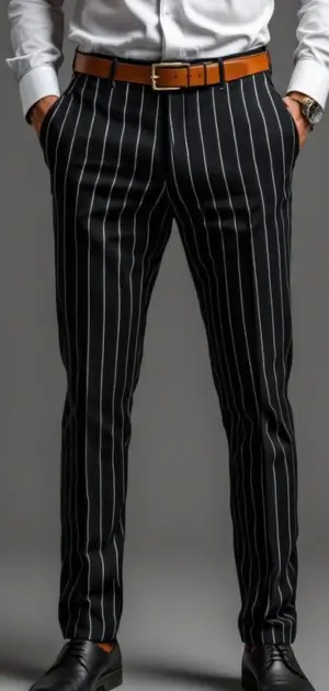 Man in black pinstripe trousers with a white shirt and tan belt.