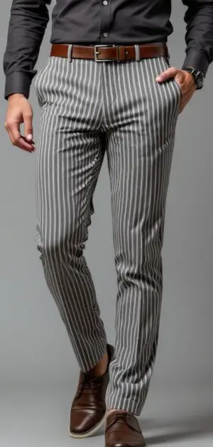 Man wearing grey striped trousers with a black shirt and brown shoes