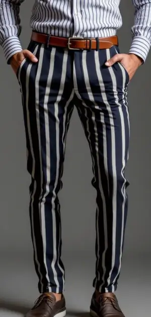 Man in bold navy and white striped trousers with a striped shirt and brown belt.