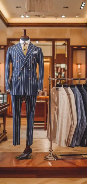 Mannequin wearing a blue pinstripe suit in a luxurious boutique