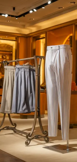 Striped trousers displayed on racks in a boutique