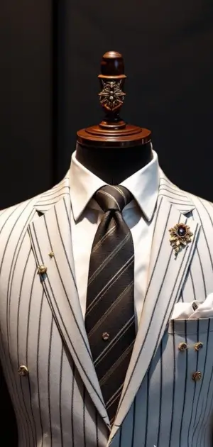 White pinstripe suit with dark tie, brooch, and pocket square
