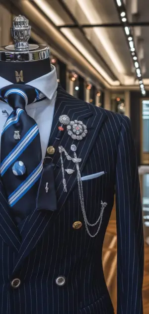 Pinstripe suit with bold accessories including chains and brooches on display