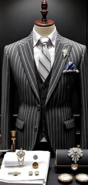 Pinstripe suit with grey tones, paired with tie, pocket square, and brooch