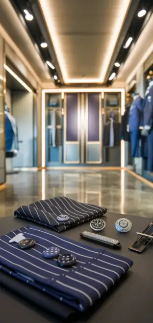 Close-up of pinstripe fabric and accessories including cufflinks and tie clips on a display table.