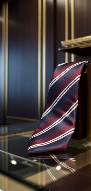 Striped tie displayed in a glass case with black and gold trim.