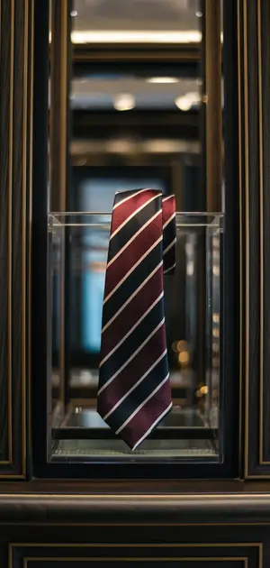 Striped tie on reflective glass surface in a luxury store