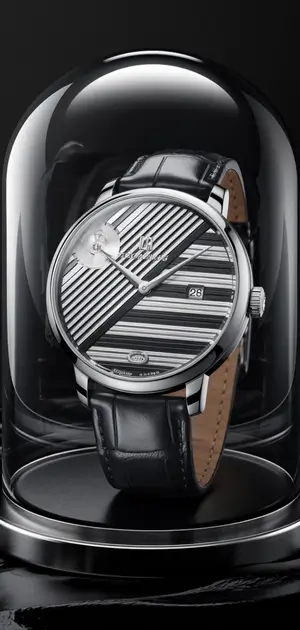 Modern striped watch with a detailed monochrome dial in a display dome