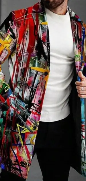 Men’s abstract coat featuring vivid paint-splatter designs for a modern, artistic flair.