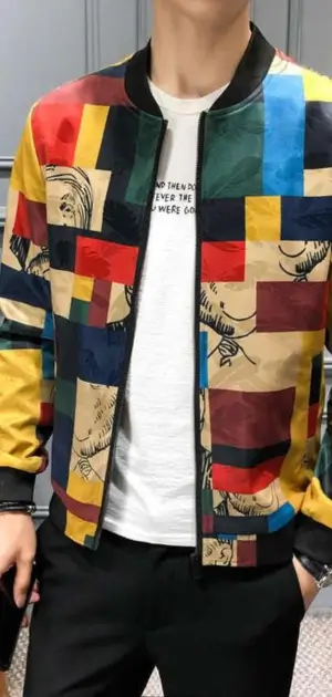 Men’s abstract jacket showcasing colorful geometric block patterns for a trendy look.