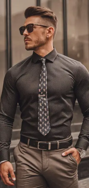 Athletic fitted shirts for men Black athletic formal shirt styled with beige trousers and a patterned tie.