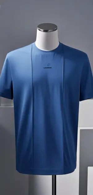 Navy blue t shirts for men on a mannequin, showcasing a simple and modern design.