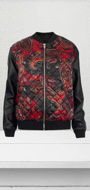 A men’s bohemian bomber jacket with black leather sleeves and intricate red designs.