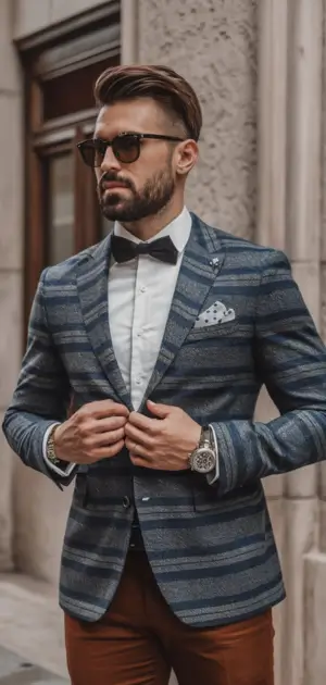 A stylish suit for men's formal Man wearing a striped cotton formal suit with bow tie and sunglasses.