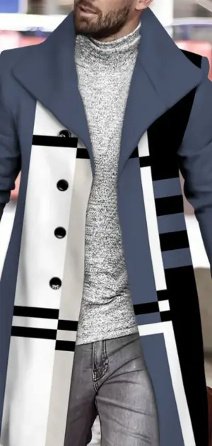 Men’s geometric coat featuring blue, white, and black patterns for a trendy look.