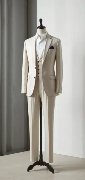 A cream-colored three-piece linen suit on a mannequin with a navy accent.