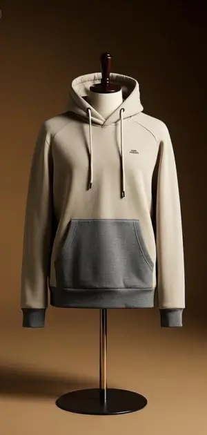 A men's neutral hoodie featuring beige and gray tones, perfect for versatile styling.