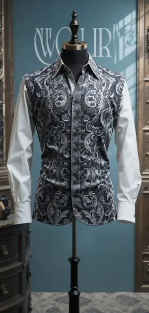 Mannequin in a black paisley dress shirt with white sleeves in a stylish room.