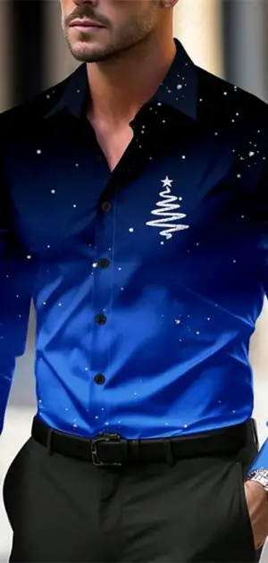 Men's formal shirt with a blue starry sky pattern and white tree motif, ideal for parties.