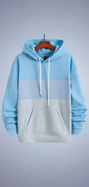 A trendy men's pastel hoodie featuring light blue and gray tones with a minimalist design.