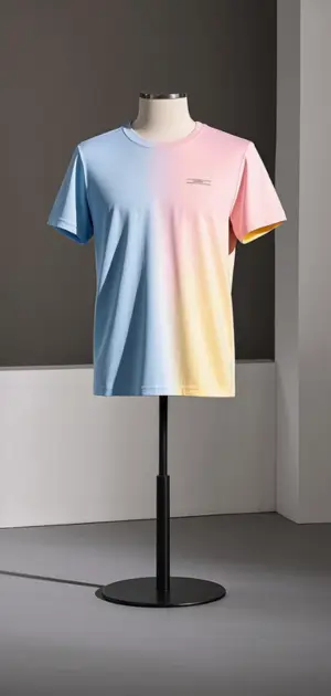 A stylish gradient pastel t-shirt in blue, pink, and yellow showcased on a mannequin.