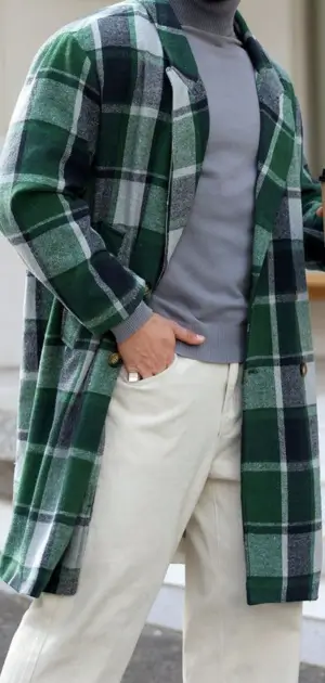Men’s green plaid coat layered over a gray turtleneck, perfect for stylish outfits.