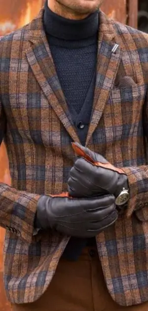 Men's brown plaid jacket paired with gloves, creating a stylish layered look.