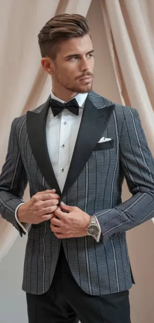 Grey formal suits for men and the Man in a polyester formal suit with black lapels and a bow tie.