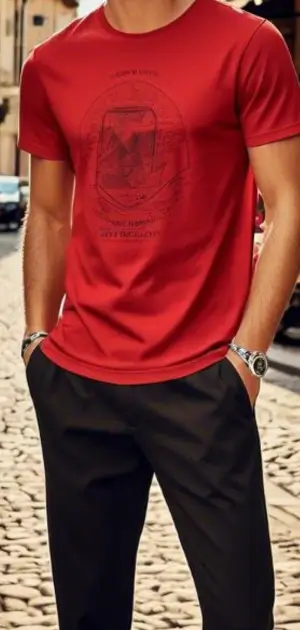 A casual outfit featuring a red graphic t-shirt and black pants for men.