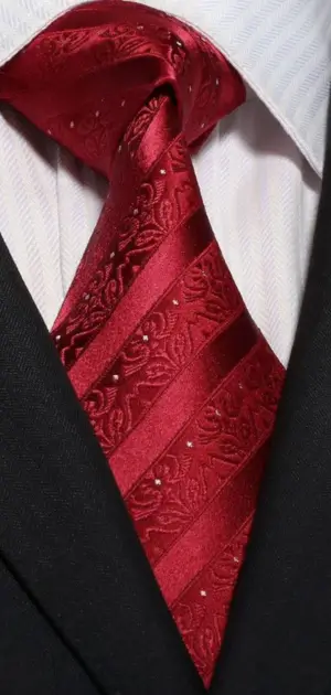 A formal red tie featuring floral textures and stripes, styled with a black suit.