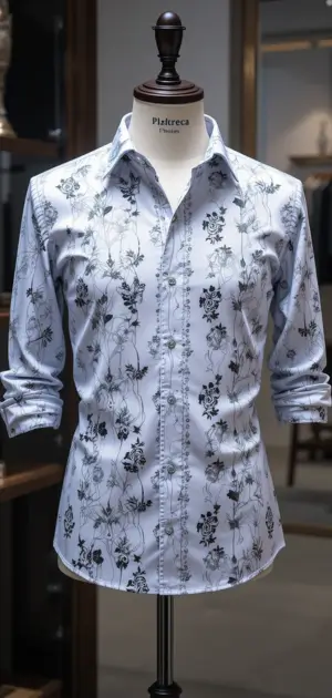White formal dress shirt featuring black floral patterns, ideal for events.