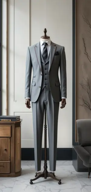 Light gray formal three-piece suit with white shirt and striped necktie on a wooden mannequin stand.