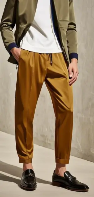 Tan sports pants for men styled with a casual jacket and loafers for men.