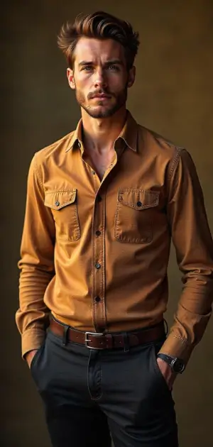 Street style clothing men Camel brown streetwear formal dress shirt paired with black trousers for men.