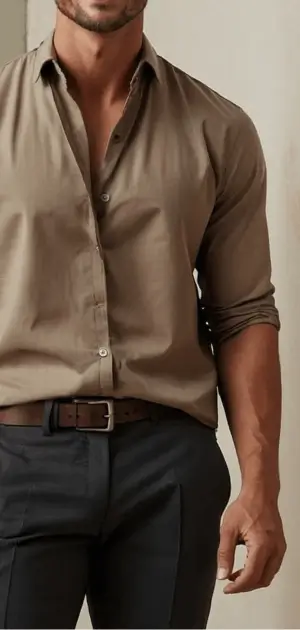 A fashionable man wearing tailored khaki formal dresses that travel well, perfect for style and comfort.