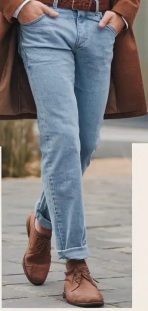 A man wearing light-wash travel jeans, a brown coat, and leather shoes.