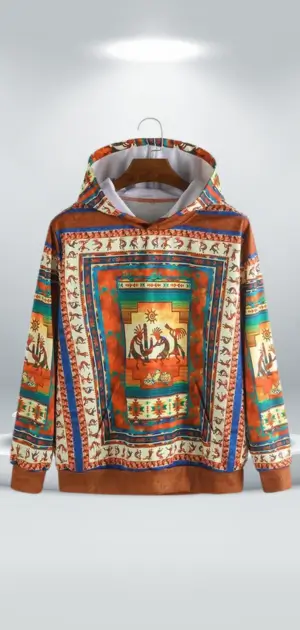 Vibrant men’s vintage hoodie featuring detailed patterns and cultural artwork.