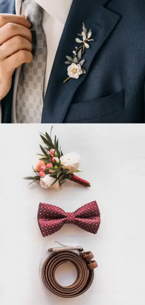 Accessories to wear with suit the Stylish wedding suit details including a boutonniere, burgundy bow tie, and belt.