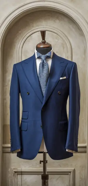 Double-breasted blue formal suit on a mannequin with a stylish tie.