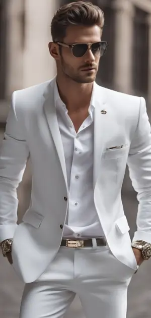 Man in a modern white formal suit with a crisp shirt and stylish sunglasses formal wear for men suit.