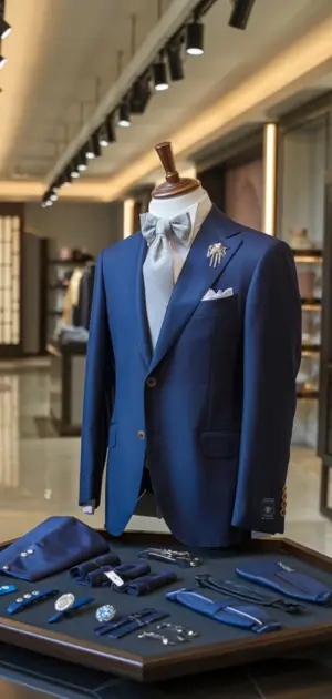 Double-breasted navy suit paired with a silver tie and matching accessories displayed in a boutique.