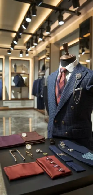 Navy checkered suit with a red tie, pocket square, and lapel pin displayed in a boutique.