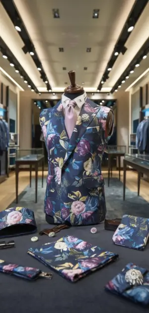 Sleeveless floral-patterned suit paired with a pink tie and matching accessories
