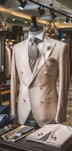 Beige suit with luxury accessories including a tie and brooch on display in a boutique