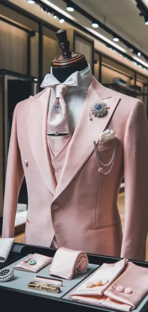 Display of pastel pink and peach suits with matching accessories in a luxury store